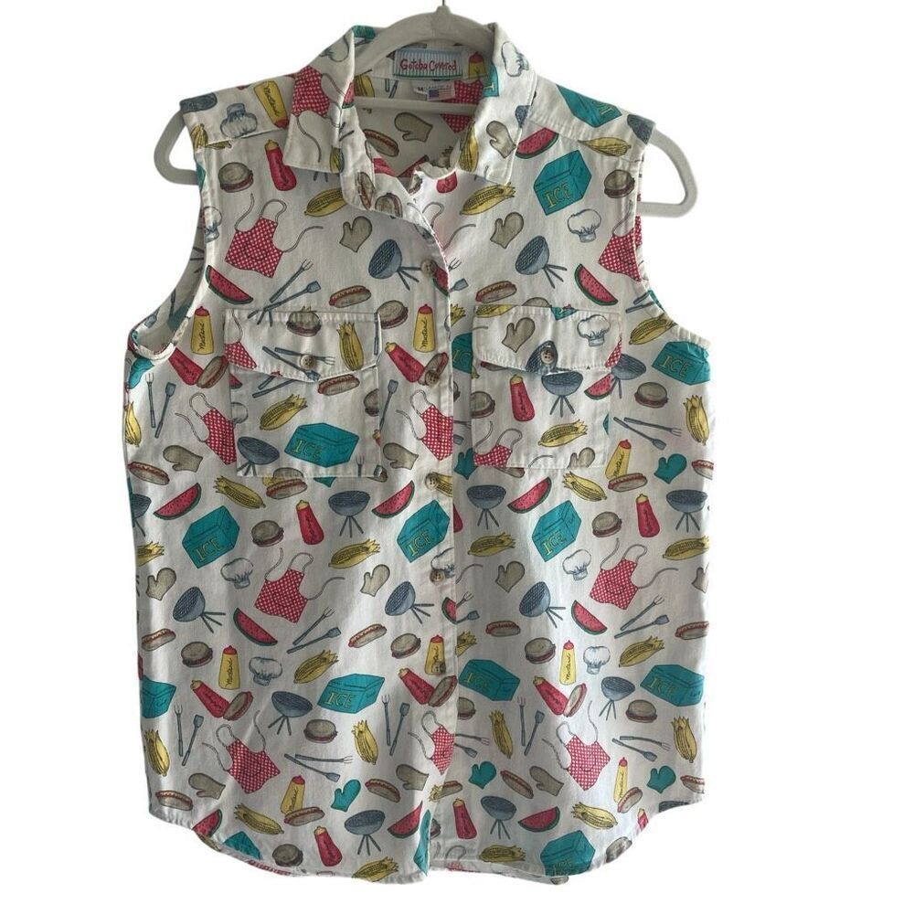 VTG Gotcha Covered Barbecue Tailgate Print Button Up Sleeveless Shirt Size M USA
